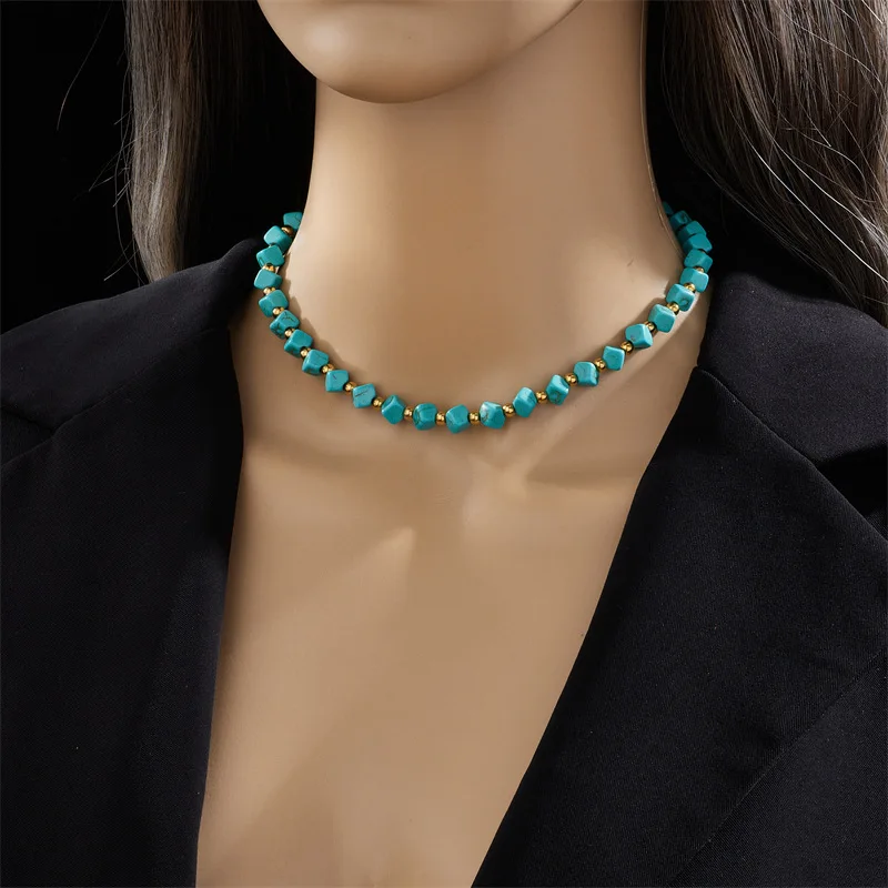 Titanium Steel Necklace Collarbone Necklace Jewelry Creative Personality Turquoise Titanium Steel Beaded Braded Necklace
