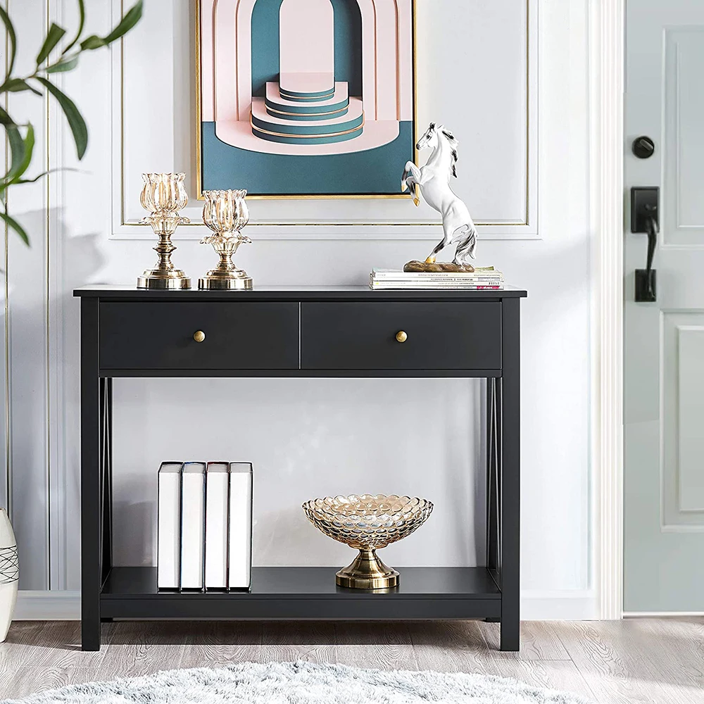 Narrow Long Sofa Table 2 Tier Console Table with Drawer and Open Storage Shelf for Living Room Entryway