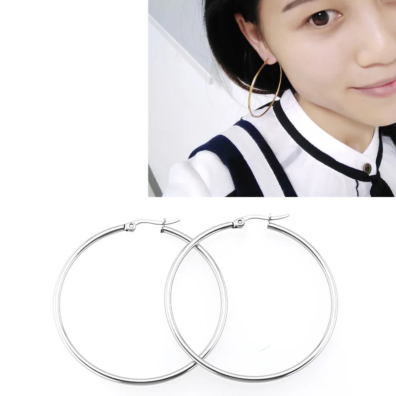 Trendy Fashion Stainless Steel Stud Earrings Gold Plated Big Circle Hoop Round Piercing for Men and Women Silver Color Bulk