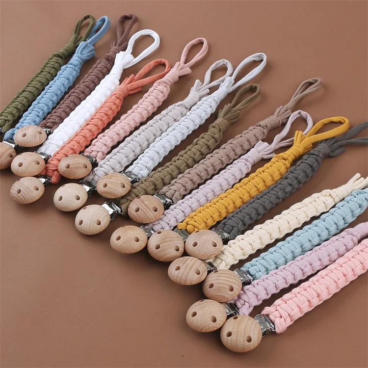 Braided Pacifier Clips Handmade Weave Macrame Wood 100% Cotton Fabric Yarn Baby Glass Bamboo and Silicone Glass Chain Holder 45g