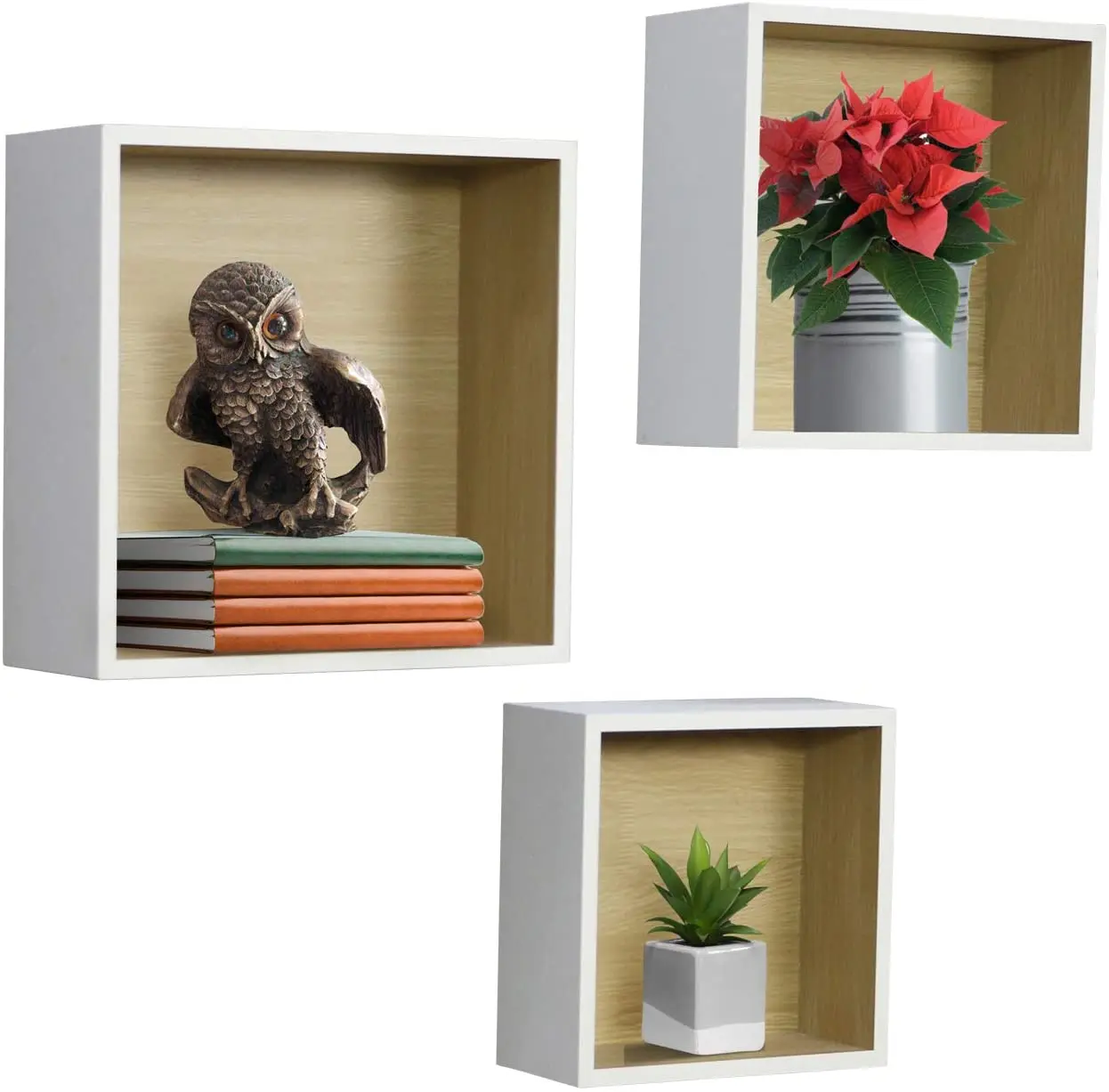 Square Cube Set Wall Mounted White Wooden Shelves Decorative Hanging Display for Collectibles Photos Frames