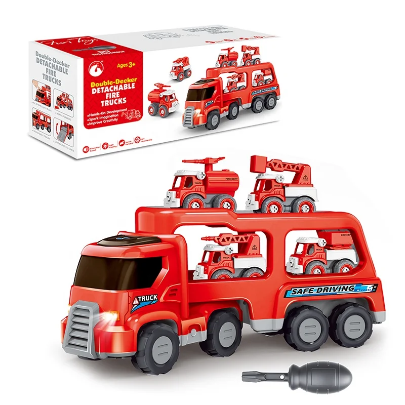 Plastic Electric Mini Fire Truck Toy Vehicle DIY Assembled Double Deck Inertial Tractor Fire Truck for Kids
