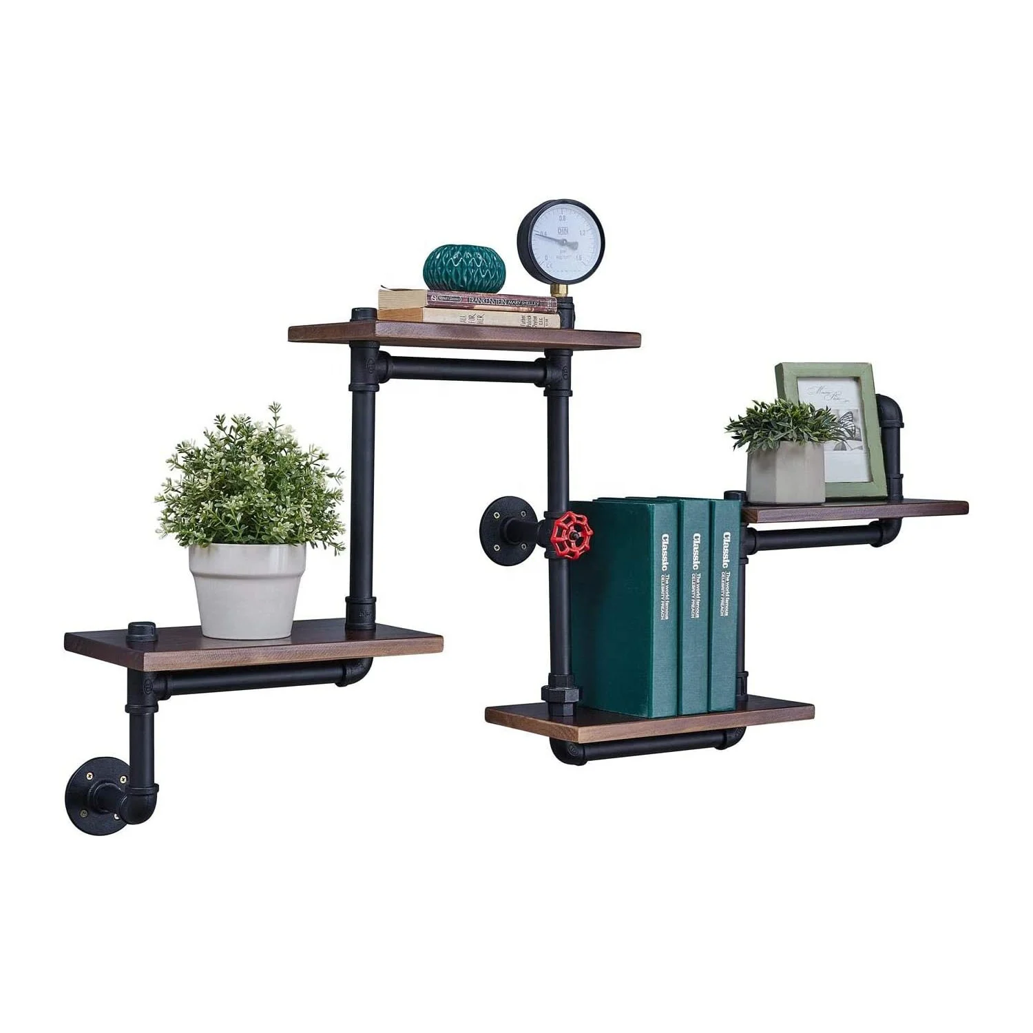 Industrial Floating Pipe Wall Shelves - Rustic Wood Shelving - 4 Layer Ladder Hanging Bookshelf