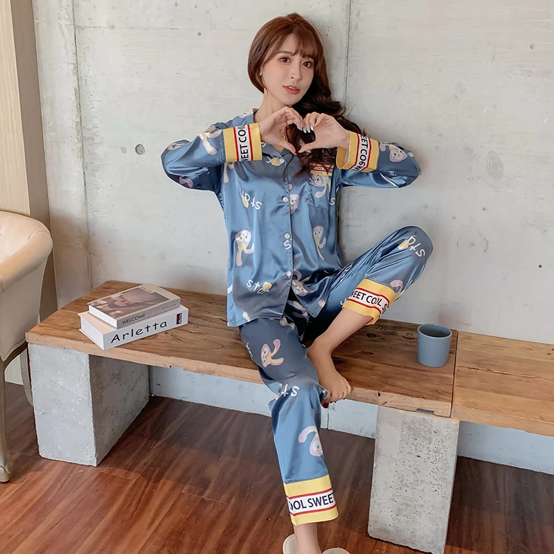 
Print Women Pijama Satin Silk Pyjamas Long Sleeves Pajamas wholesale pajama sets 