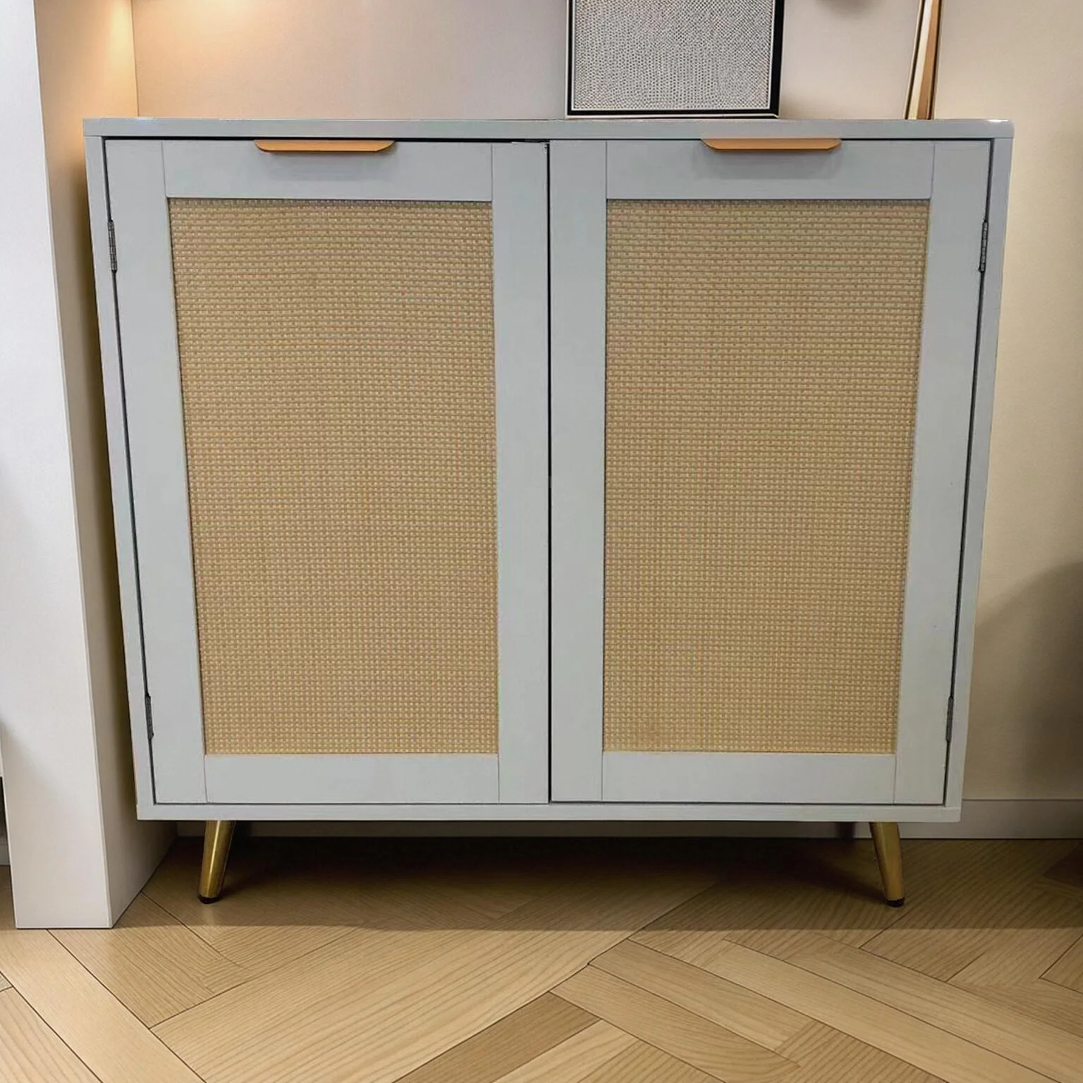Storage Cabinet with  Rattan Decor Doors, Accent Cabinet with Solid Wood Feet Sideboard Cabinet for Hallway