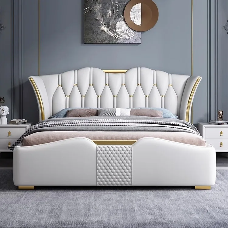 Luxury Italian Faux Leather Platform King And Queen Size Bed With Storage And Drawers For Bed Room Comfortable Sleeping