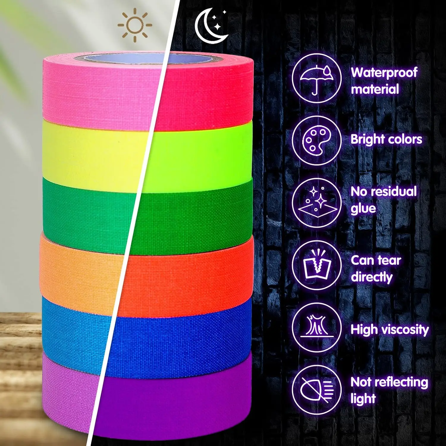 DAMAI 6 Colors Neon Gaffer Cloth Tape Glow in the Dark Neon Duct Tape Fluorescent Ultraviolet Black Light Luminous Masking Tape