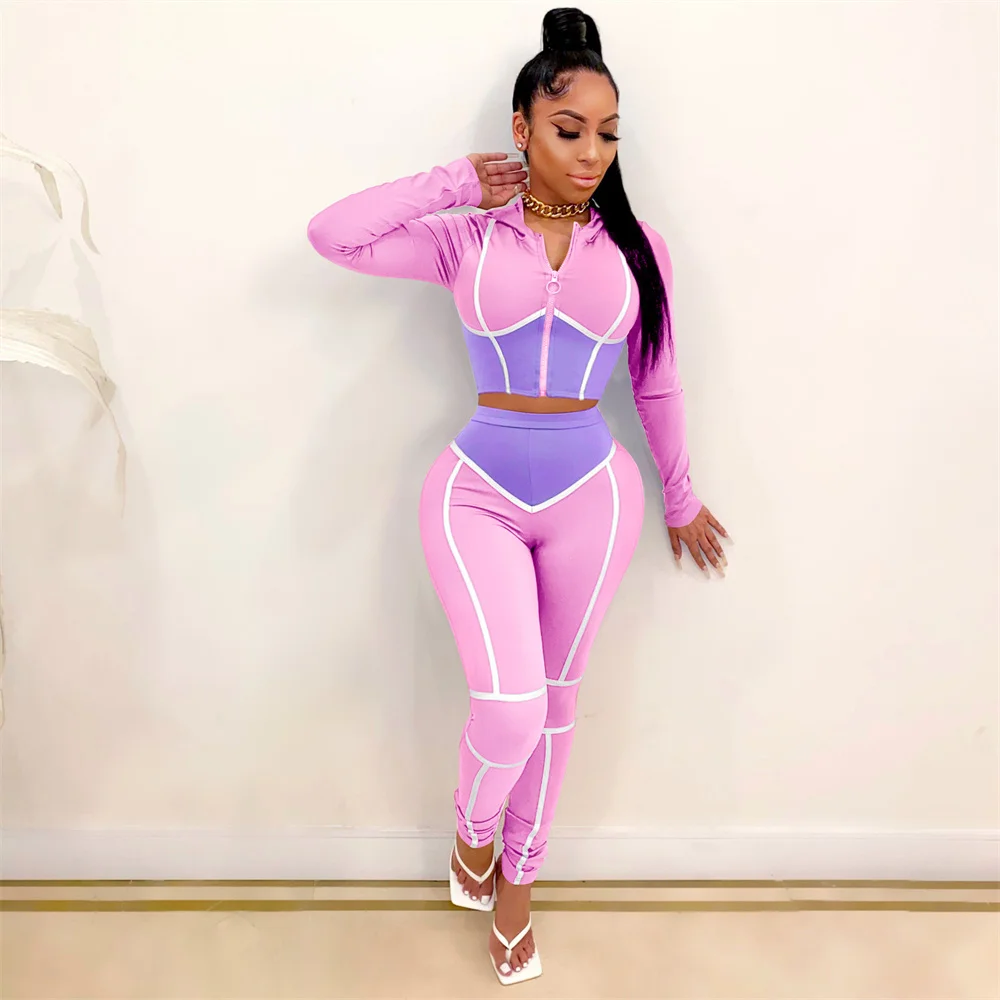 2021 Womens Fall Clothing Contrast Color Long Sleeve Hoodie Crop Top Two 2 Piece Pants Set Women Workout Clothes Tracksuits