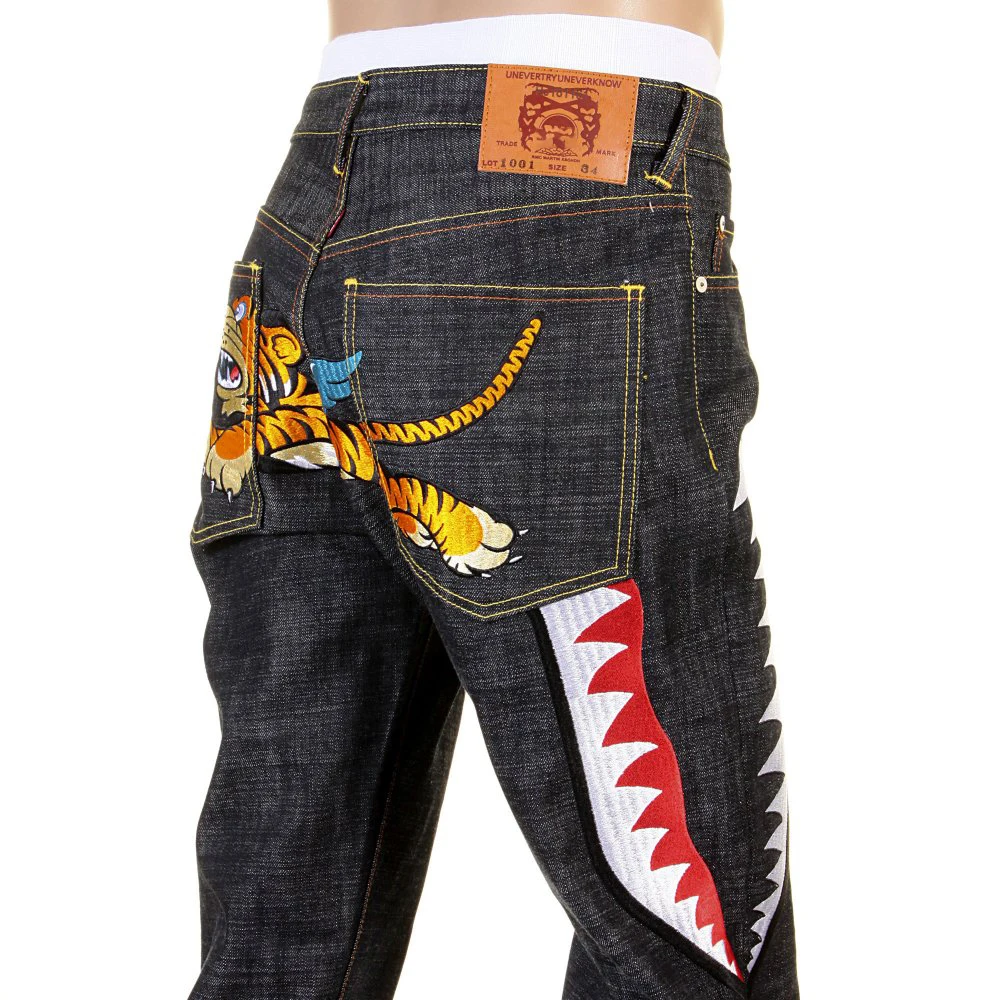 Mens straight leg Japanese raw selvedge denim jeans with custom high quality embroidery pattern