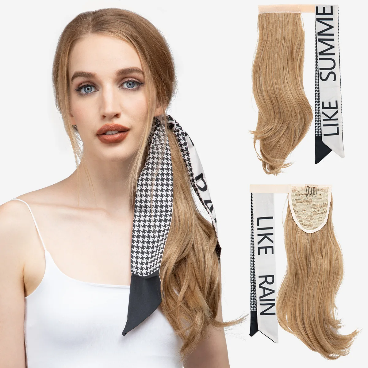 New Fashion Highlight Blonde Color Wrap Around Ponytail Raid Corn Perm Invisible Ponytail Hair Extension Various Hairstyles