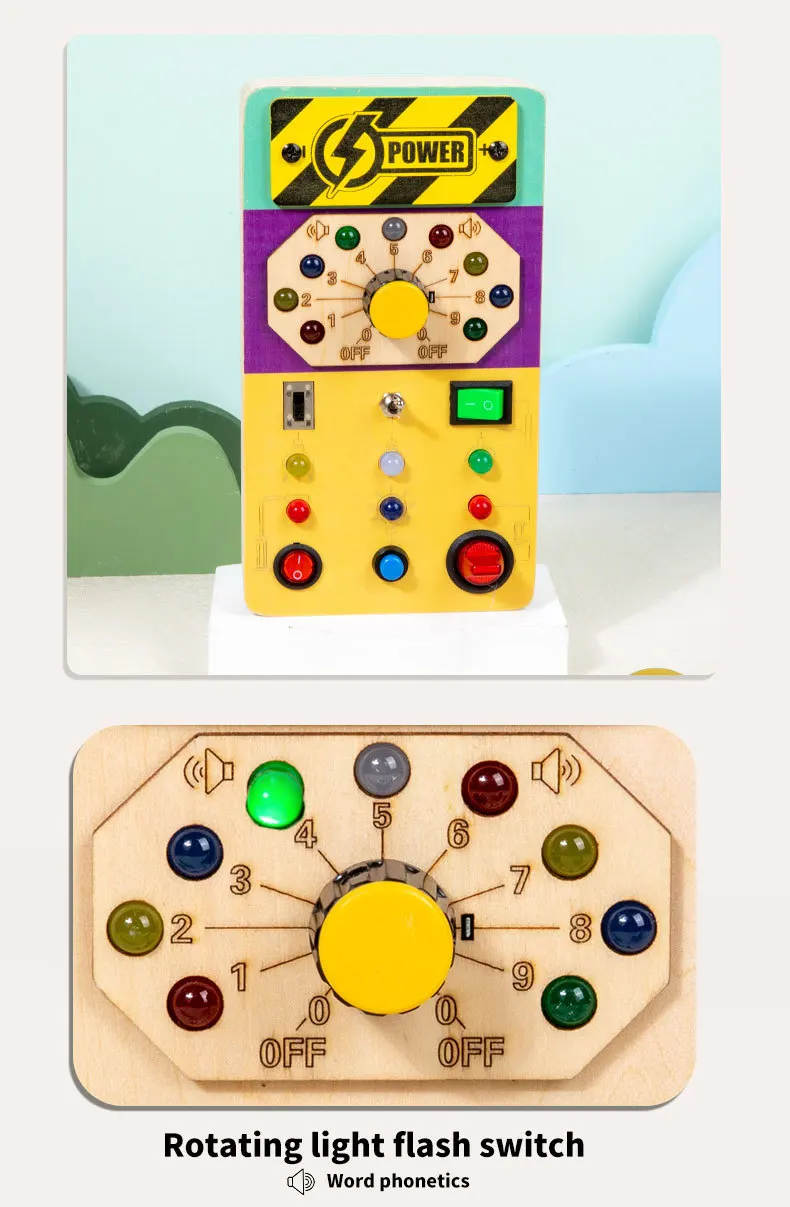 Montessori Wooden Busy Board with 8 LED Light Switches, Sensory Toys Light Switch Travel Toys for 1+ Year Toddler