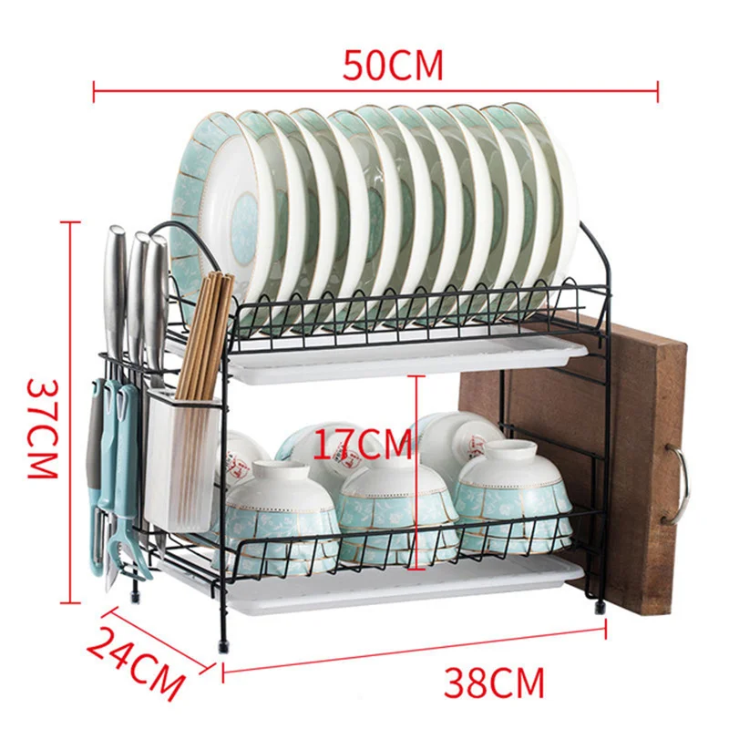 Double Tiers Dish Drainer Kitchen Drying Rack Holder Plates Cup Tableware Bowl Shelf Basket