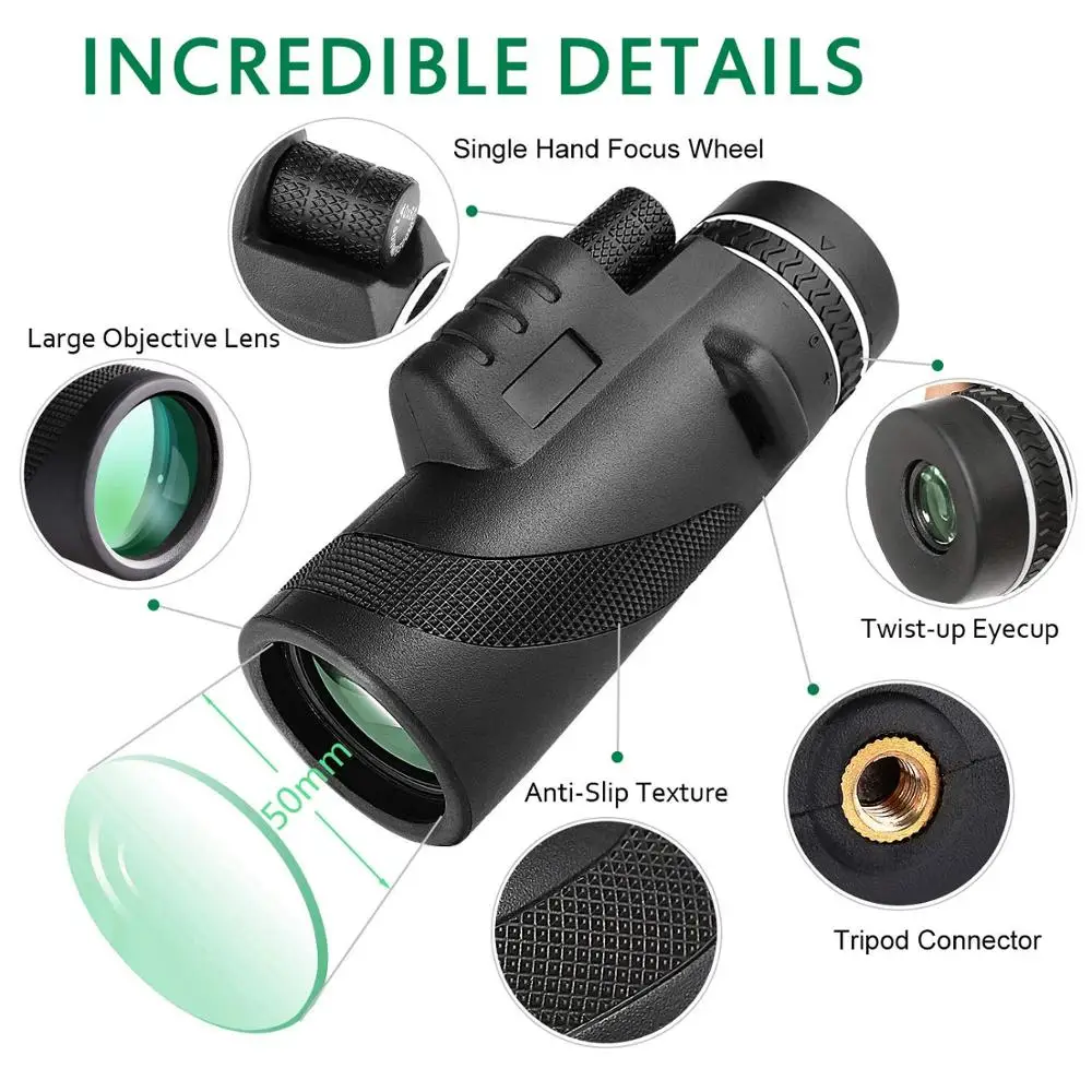 
40X60Monocular 12x50 Waterproof Non-Slip Design Hunting Powerful Monocular Telescopes for Phone 