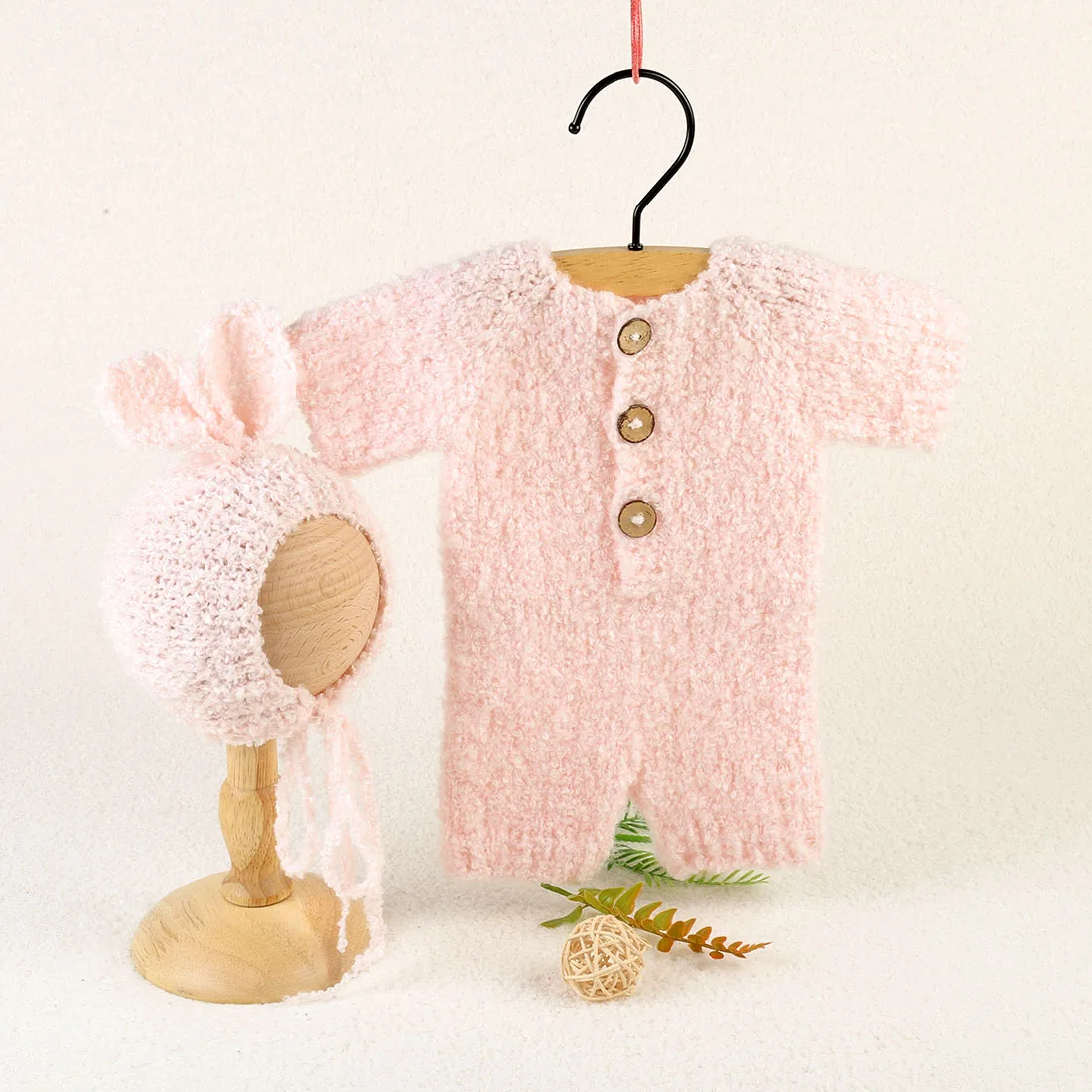 Vintage Knit Newborn Girl Fuzzy Romper Bunny Hat Photography Props Crochet Baby Teddy Bear Outfit Overall Animal Bonnet Set