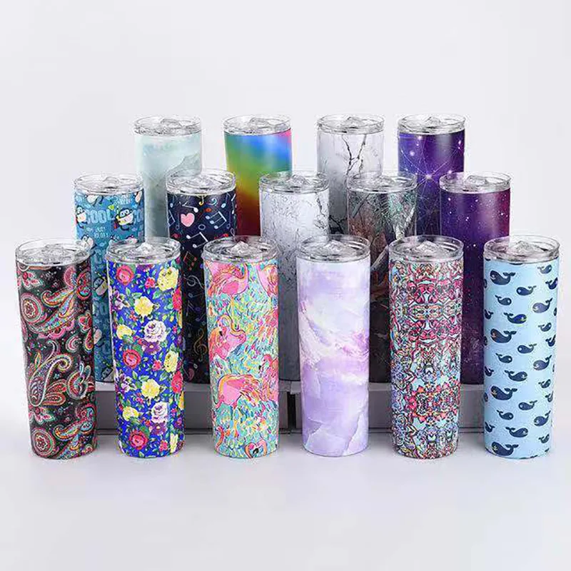 20oz Custom Printing Double Wall Stainless Steel Marble Tumbler Mug with Straw and BPA Free Lid