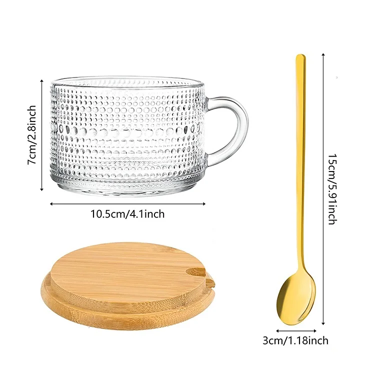 Wholesale 14Oz Clear Embossed Vintage Sunflower Glass Breakfast Milk Oatmeal Cups With Spoon And Lid