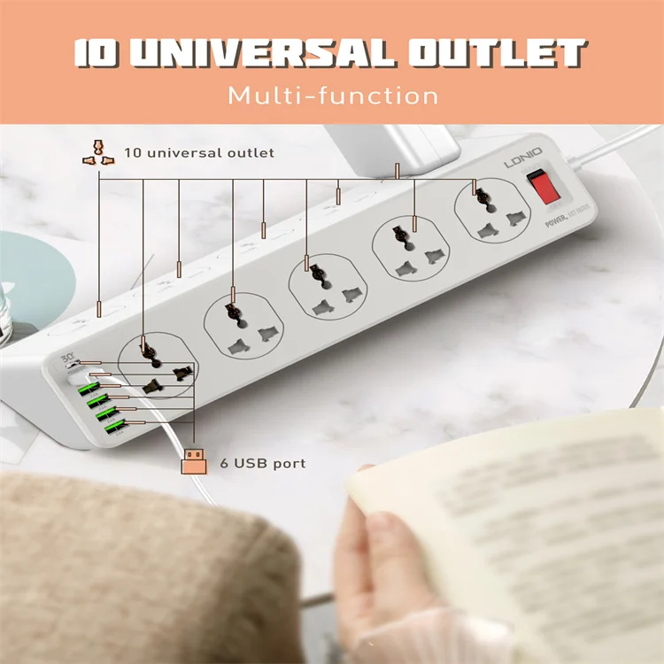 LDNIO SC10610 Power Strip With USB Port And Switch Extension Power Socket 2500 W 10 OUTLETS 5 USB-A 1 USB-C PD/QC 3.0 UK EU US