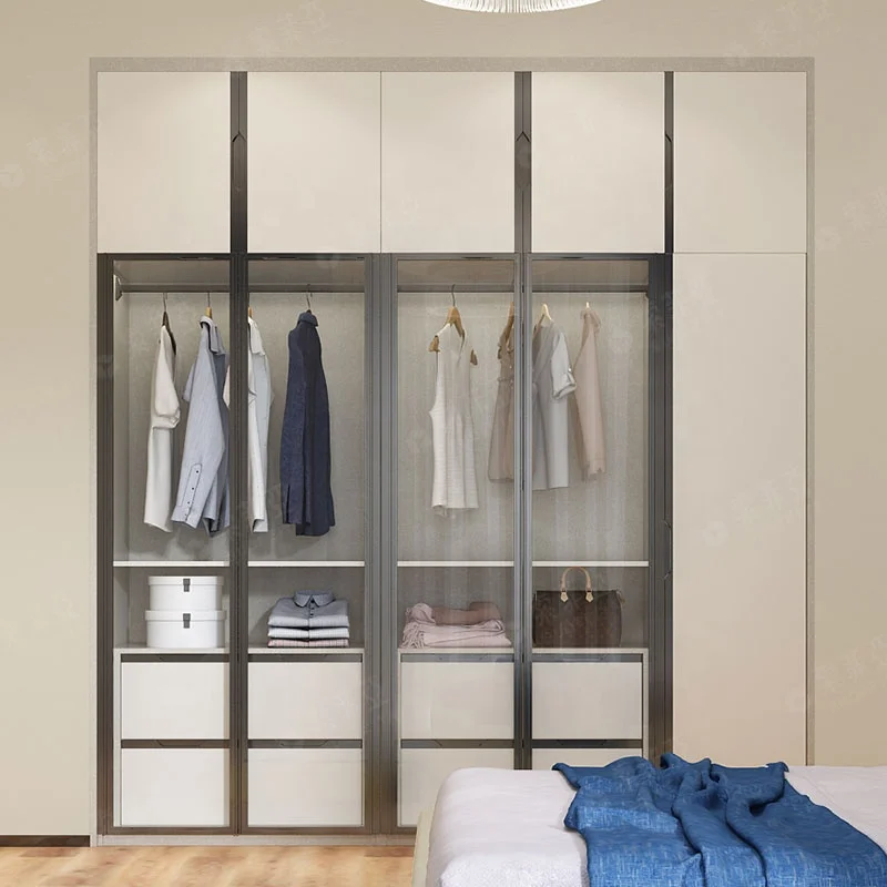 SUOFEIYA Minimalist White Lacquer Glossy Finish MDF Pull Out Doors Clothing Storage Wardrobes