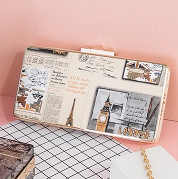 Акриловый кошелек на цепочке с принтом газеты, жесткая женская сумка для вечеринки, женские сумки-клатчи для девочек