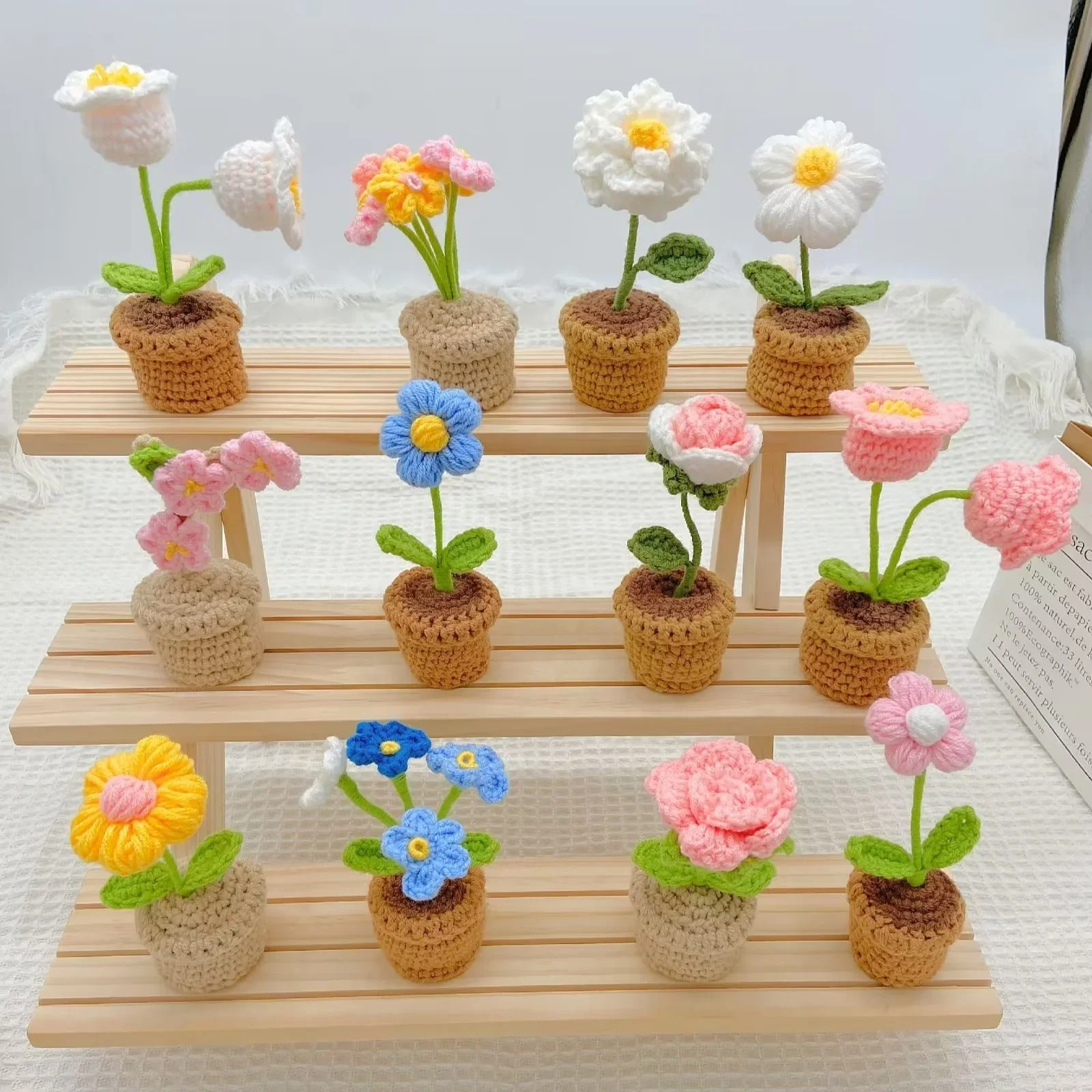 Lovely Handmade Mini Potted Knitting Flowers Sunflower Tulip Rose Daisy Crochet Home Office Car Decoration Crochet Flowers