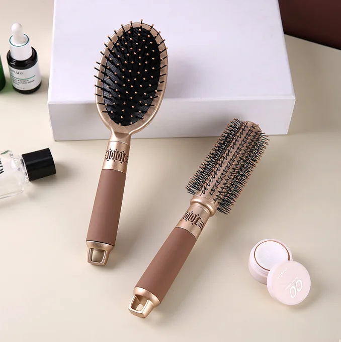 Brown Luxury Anti static 2 pcs per set round shape + massager brush in one set hair massager brush set