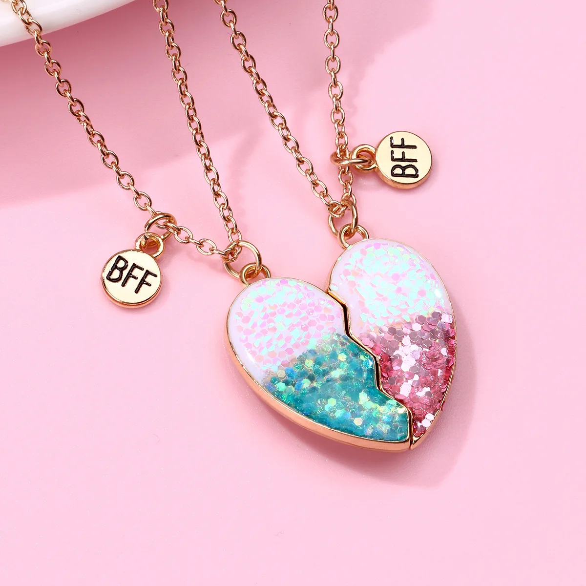 Colorful Heart-shaped Scallion Powder Sequin Pendant Best Friend Chain Lovely BFF Friendship Necklace for Friend Girl 2Pcs/Set