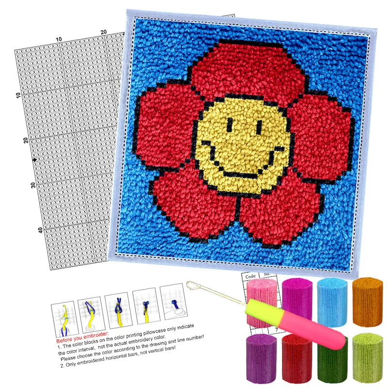 Adult Art Craft DIY Carpet Yarn Art Craft Canvas 12 x 12 inch Flower Latch Hook Pillow Kit Latch Hook Rug Kit for Adults
