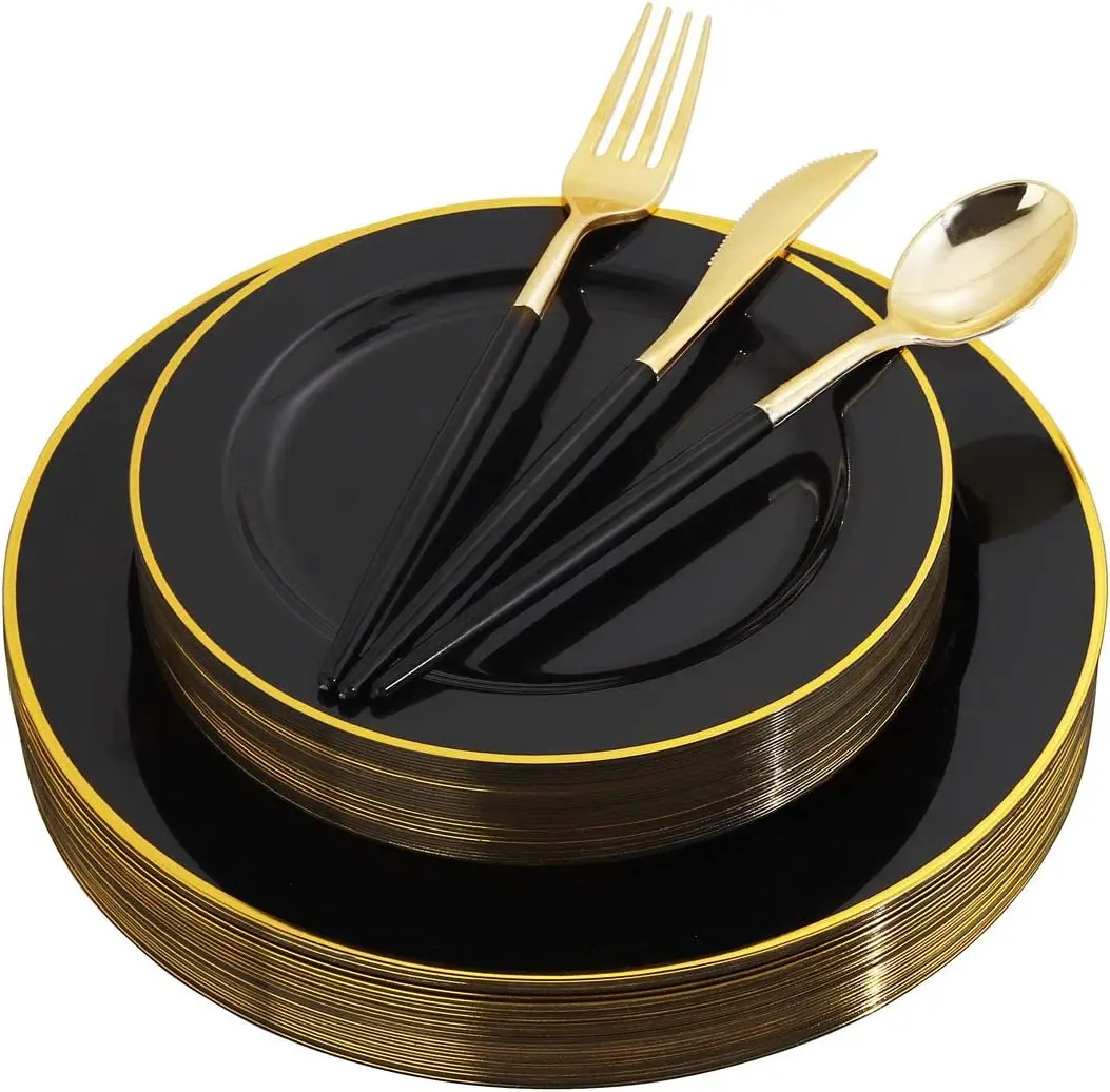 125 PCS Black Plastic Plates with Gold Rim, Gold Disposable Cutlery with Black Handle, Includes 25Dinner Plates/Dessert Plates