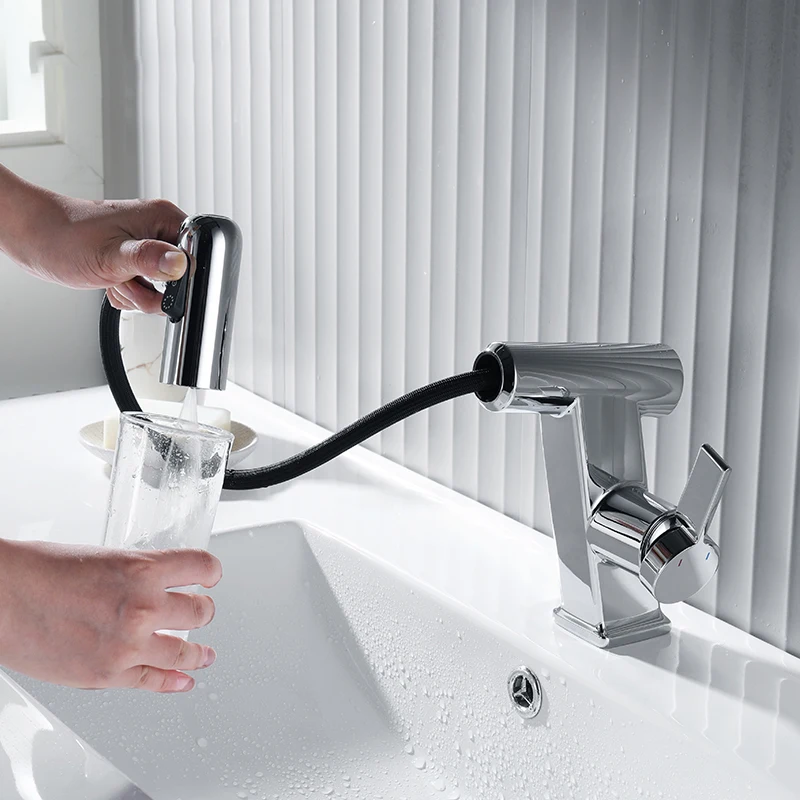 Chrome Pull Out Basin Faucet Multifunctional 3 Mode Sprayer Nozzle Brass Bathroom Hot and Cold Water Sink Mixer Tap