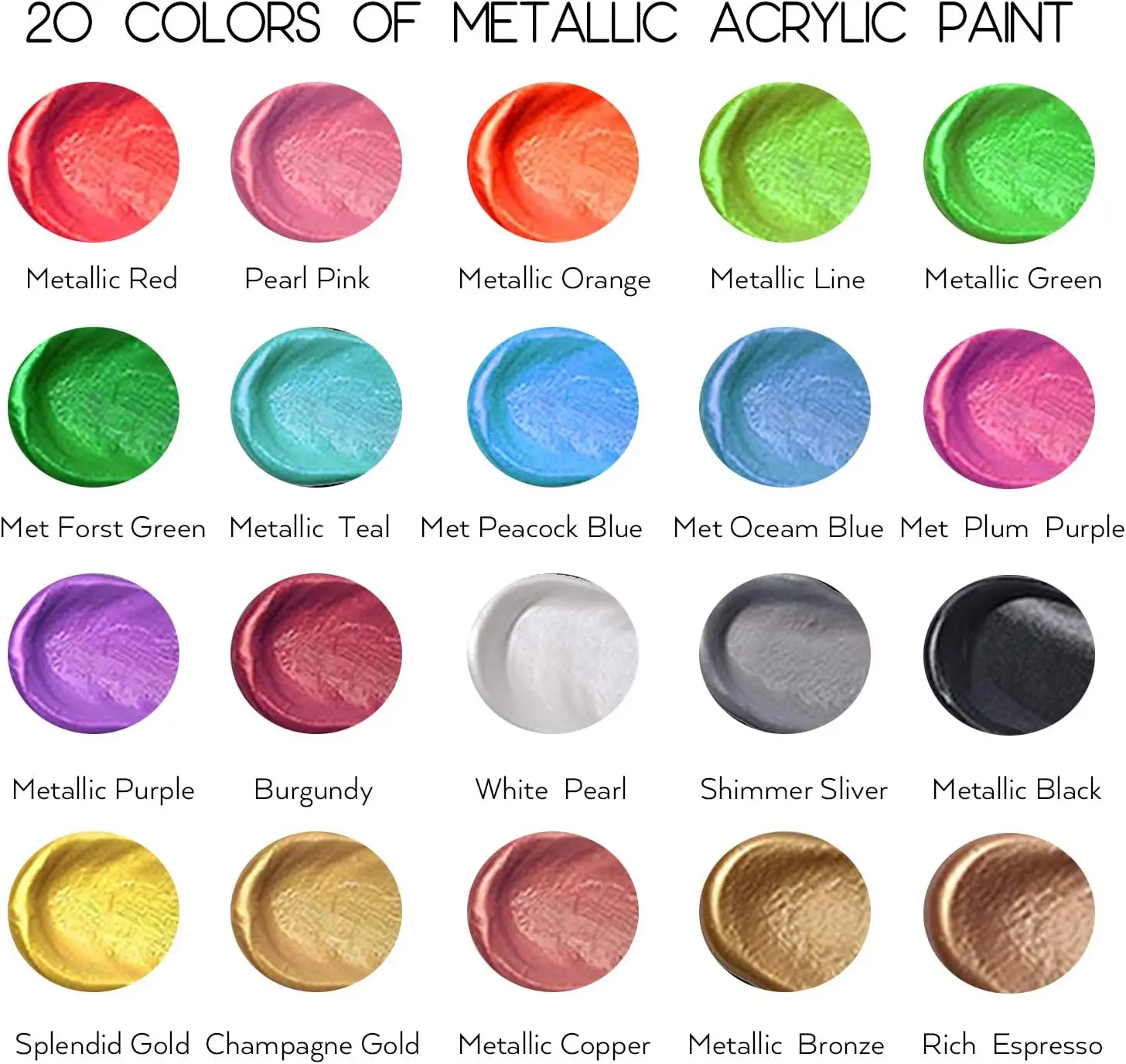 Premium 20 Colors Professional Grade  2Oz/60ml Non-Toxic Rich Pigments Artists Hobby Painters Kids Metallic Acrylic Paints Set