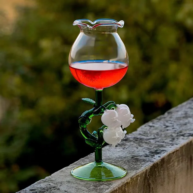 Drinkware Tableware wholesale customized coloured red wine glasses flower shape irregular stem goblet wine glass for party