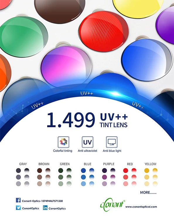 1.499/1.50 Index Conant Best Selling Wholesale Sunglasses UV++ Tinted Finished Single Vision Optical Lens