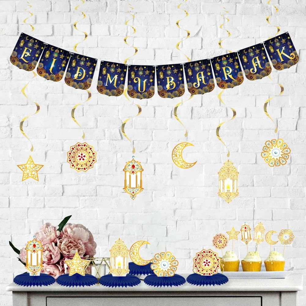 UMISS New Design EID MUBARAK Banner Moon Stars Cake Topper Hanging Swirls for Home Party Ramadan Event Decor Party
