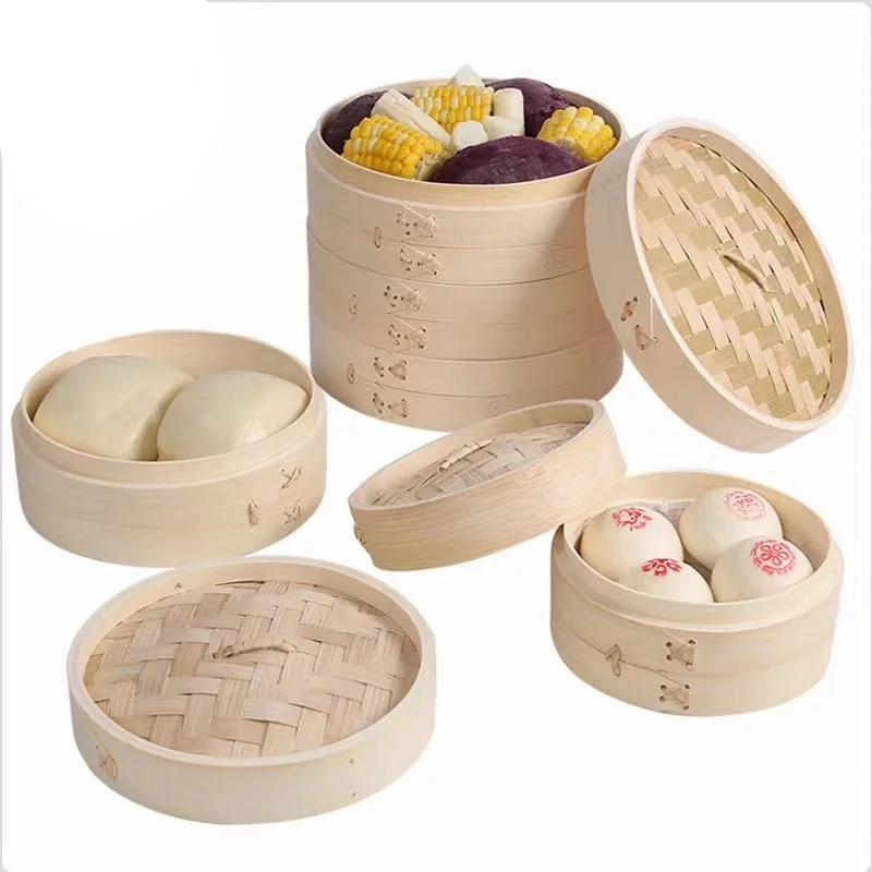 10 Inch Bamboo Vegetable Steam Pot 2 Tier Bao Buns Basket Containers With Custom Logo Box