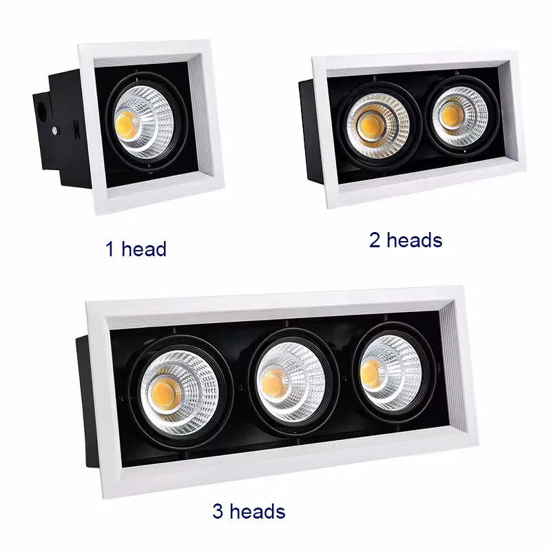 Square recessed downlights single twin triple multiple heads adjustable trimless grille lights COB dimmable led downlight