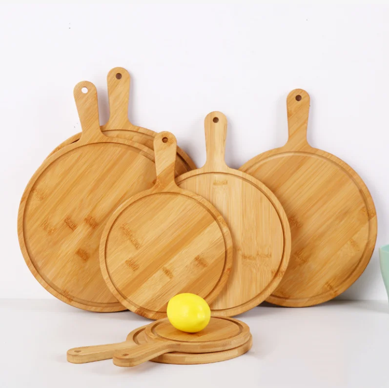 Natural bamboo handle cheese wooden round wood pizza peel serving chopping cutting pizza board
