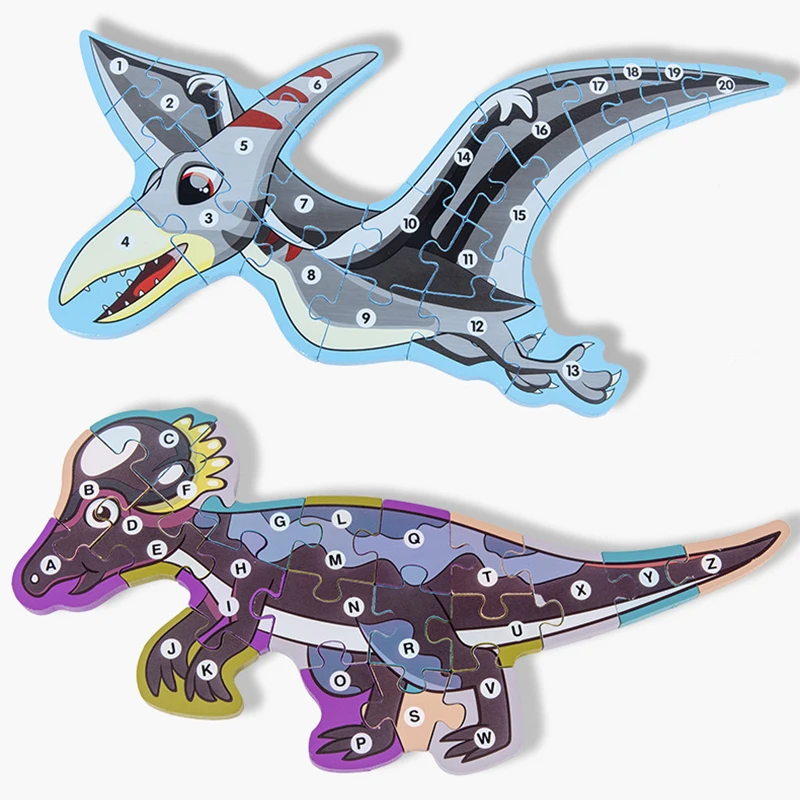 Wooden Dinosaur 3D Puzzle Number Alphabet Jigsaw Dinosaur Animal Puzzle Educational Toy for Children Boy Logic Intellectual Game