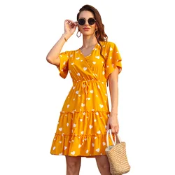 European style V-neck printed short sleeves one piece long yellow dresses for party