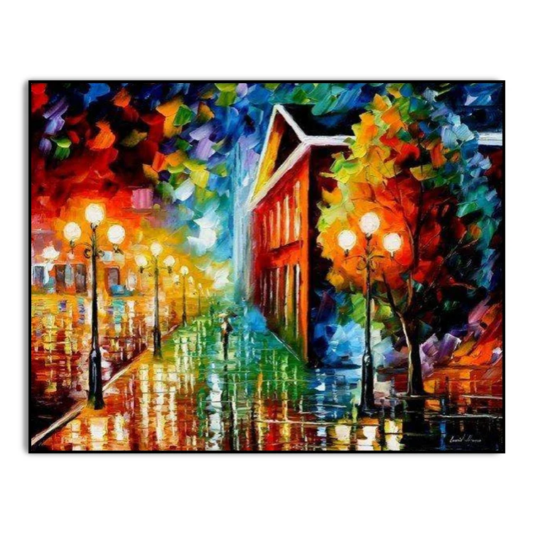 Handmade knife oil paintings colours  on canvas impressionist Leonid Afremov  textured art raining night landscape
