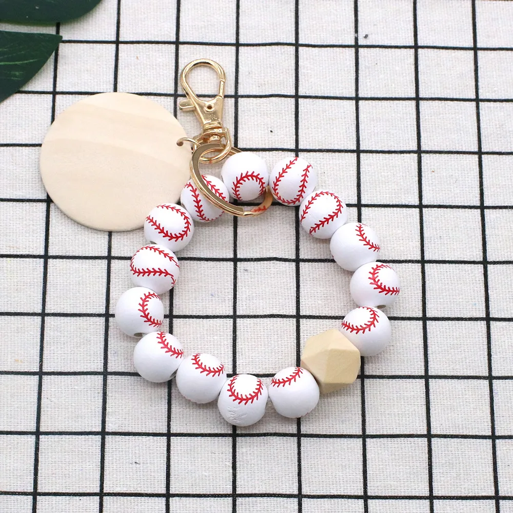 Baseball Sporty Wristlet Key Ring Wood Sublimation Disc Rugby Football Basketball Wooden Beaded Bracelet Pendant keychain