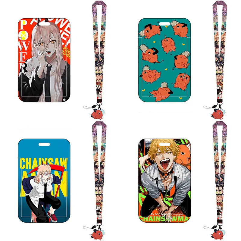 ID Name Badge Bus Card Case Cover Japanese Lovely Cartoon Chainsaw Man Card Holder Phone Neck Lanyards Anti-Lost USB Lanyard