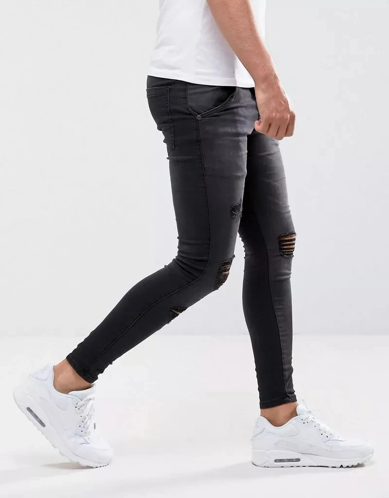 
Hot selling Ripped Stretch Mens Jeans Pencil Elastic Waist Casual Pants Boys Damage Disstred Trousers With Zipper Fily Closured 