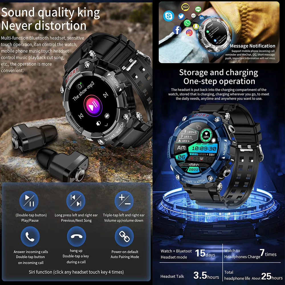 2024 New Men Smartwatch Round Shape Touch Screen Heart rate sport Monitoring T96 Smart Watch with Earbuds 2 in 1