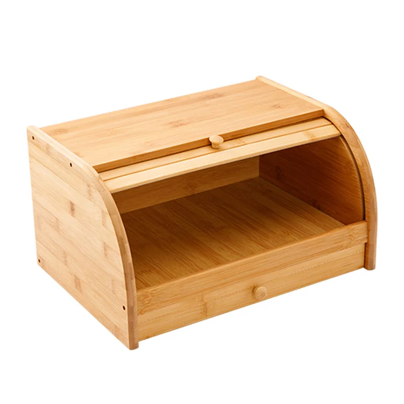 Large Capacity Bamboo Bread Box Roll Top and Removable Layer Food Storage Container Bamboo Storage Holder