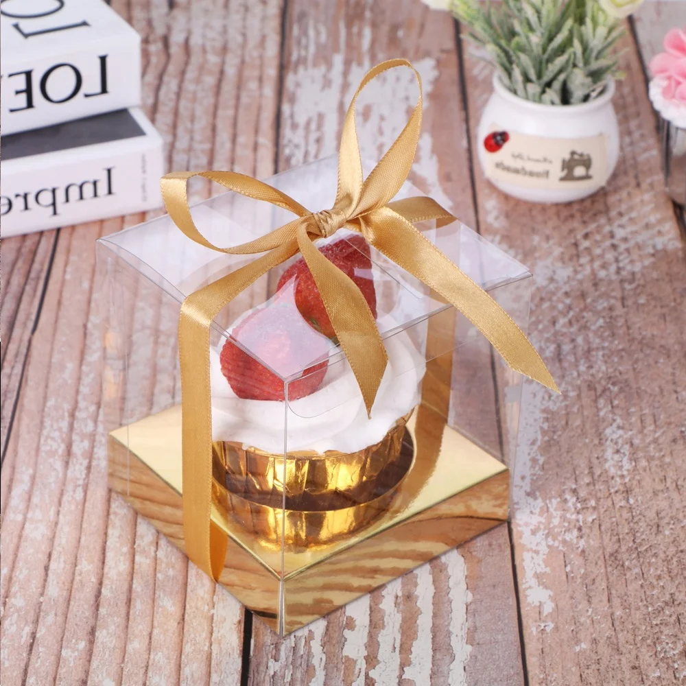 Gold Ribbon Transparent Square PET Cupcake Boxes Clear Muffin Cake Packing Box for Business Wedding Party Packaging