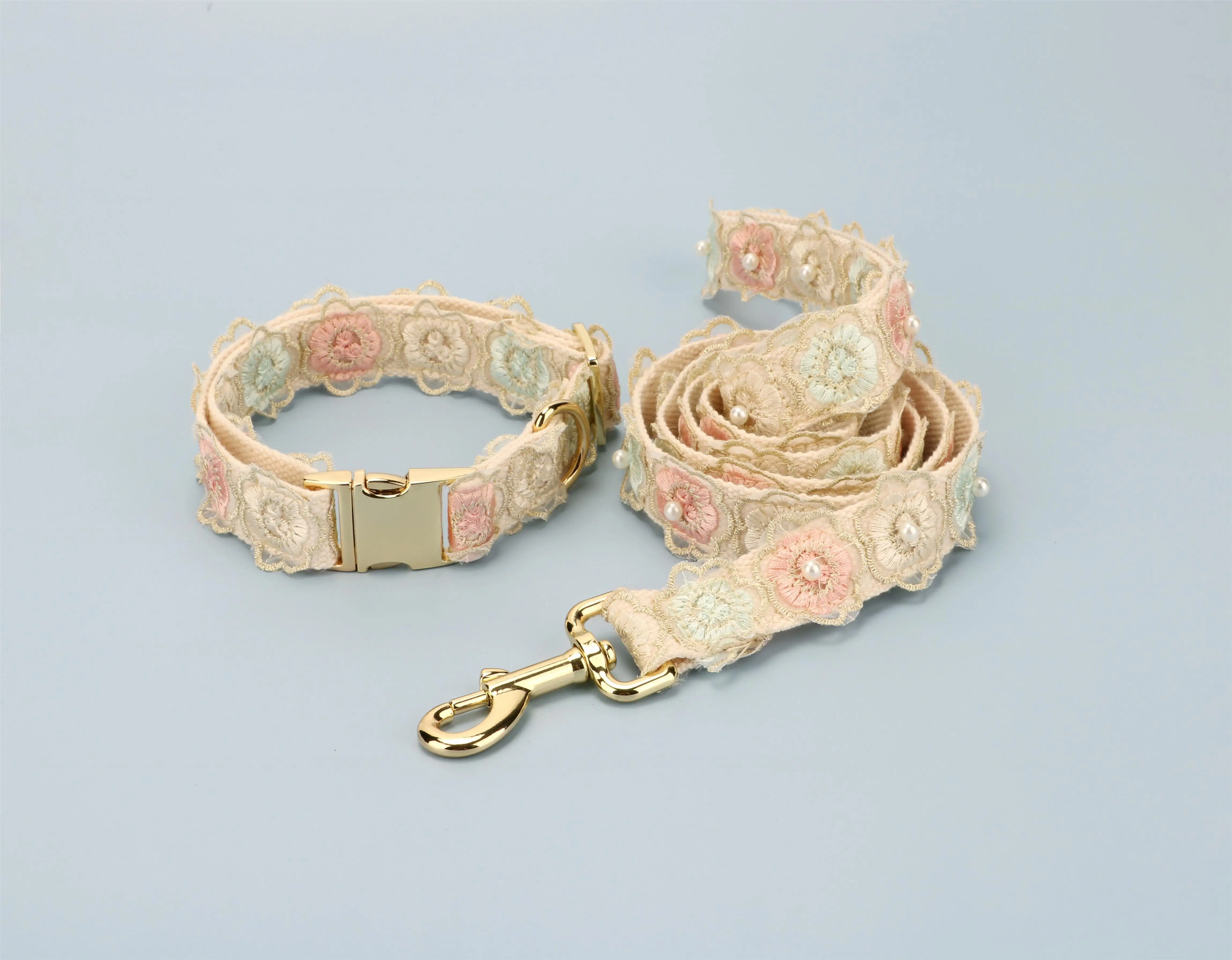 DFY Newest Design Pet Collar And Leash Lace Beads And Lace Floral Decorations 100% Cotton dog collar and rope