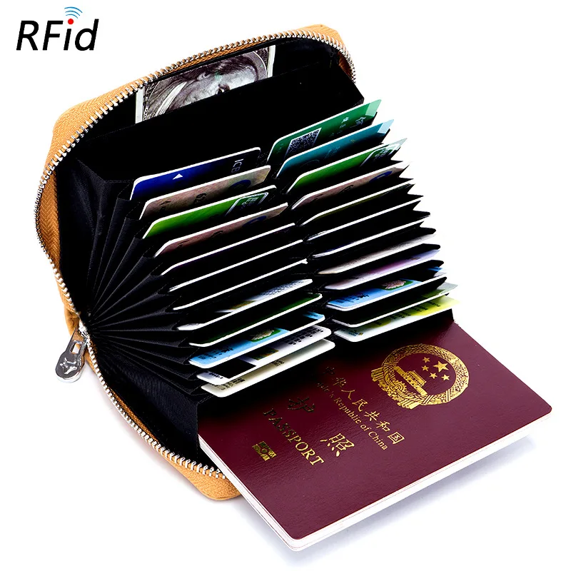 USENGKA Large Capacity RFID Blocking Genuine Leather Card Holder Passport Wallet