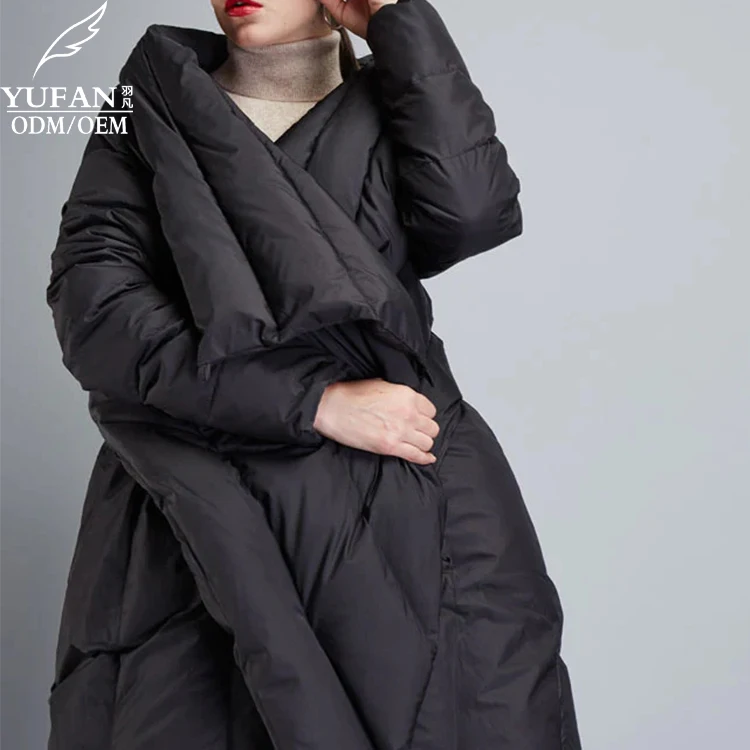 YuFan Custom OEM ODM Fine Black Asymmetrical Down Jacket Cloak Duck Down Winter Coats