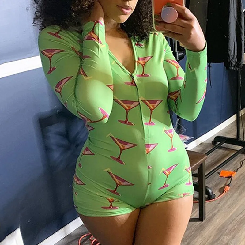 Hot Sexy Print Ladies Pajamas Onesie Long Sleeve Bodycon Sleepwear Jumpsuit Shorts Romper Leotard Onesie For Woman