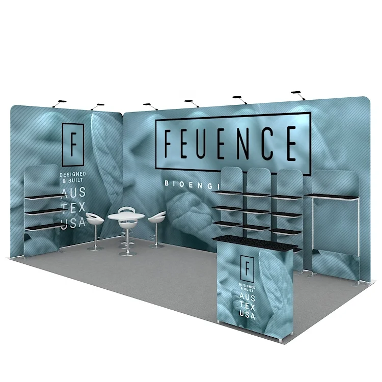 New design 10X20 portable aluminum customize promotion shelf display stands for sale advertising selling trade show booth